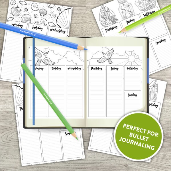 Printable Weekly Coloring Planner Insert | Bullet Journal, Happy Planner, Ring Bound Planner Insert | Undated Weekly Coloring Pages - Image 4